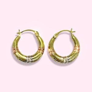 Cute! 10K Tritone Rose White Yellow Gold 65” Tapered Three Puffed Stripes Pattern Hoop Earrings