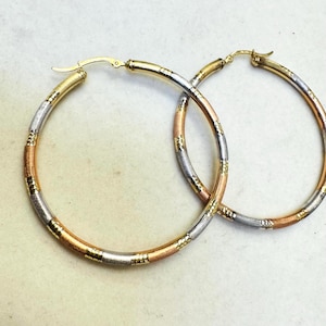 14K 2&quot; 3mm Tri Color Gold Hoop Earrings