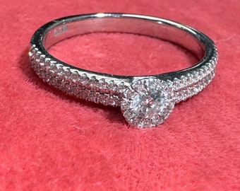 French Hallmarked 18K White Gold Diamond Halo Engagement Ring Size 6.75