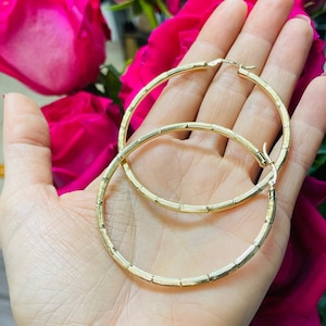 Solid 10K Yellow Gold 3” Wide Bamboo Patterned Thick Hoop Earrings
