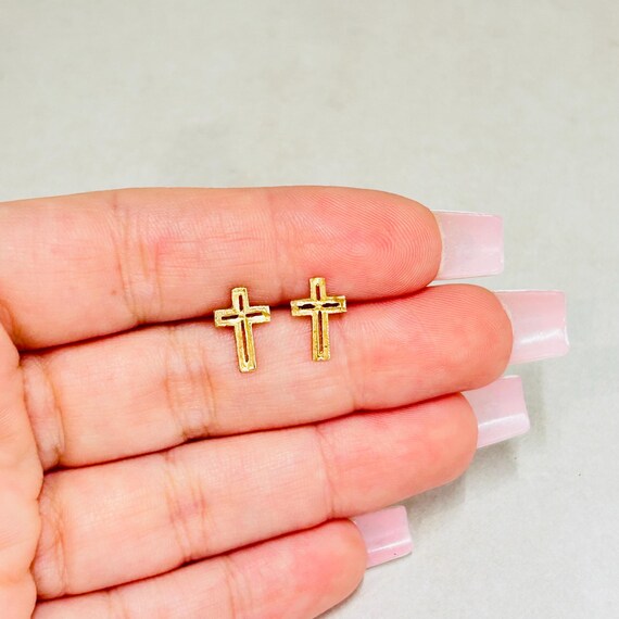 Cross Shaped Solid 14K Yellow Gold Stud Earrings - image 2