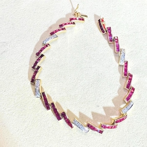 Unique 14K Yellow Gold Vintage Ruby and Diamond Bracelet 6.75&quot;