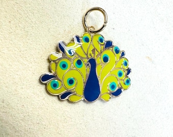 Solid 10K Yellow Gold Enamel Vibrant Peacock Charm Pendant 1"