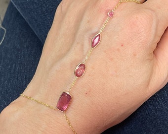 Custom Solid 14K Yellow Gold Unique Natural Pink Tourmaline Multi Shape Hand Chain Ring Bracelet