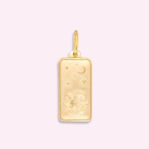 Solid 14K Yellow Gold Aries Ram Astrology Zodiac Charm Rectangle Tag Shaped Pendant