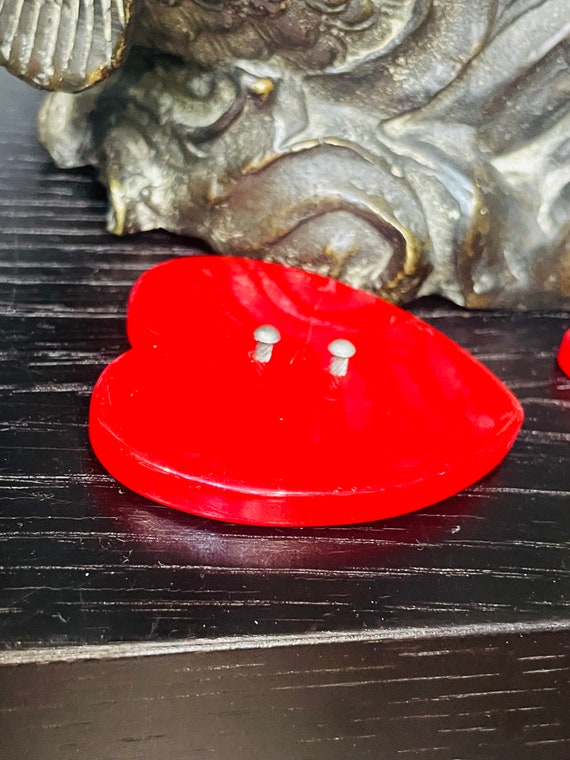 Red Bakelite Hearts Earring Clips and Belt Buckle - image 6