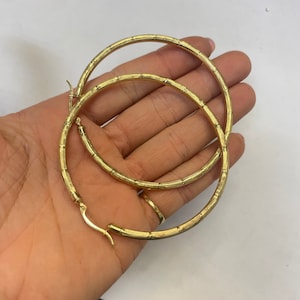 Solid 10K Yellow Gold 2.5” Wide Bamboo Patterned Thick Hoop Earrings