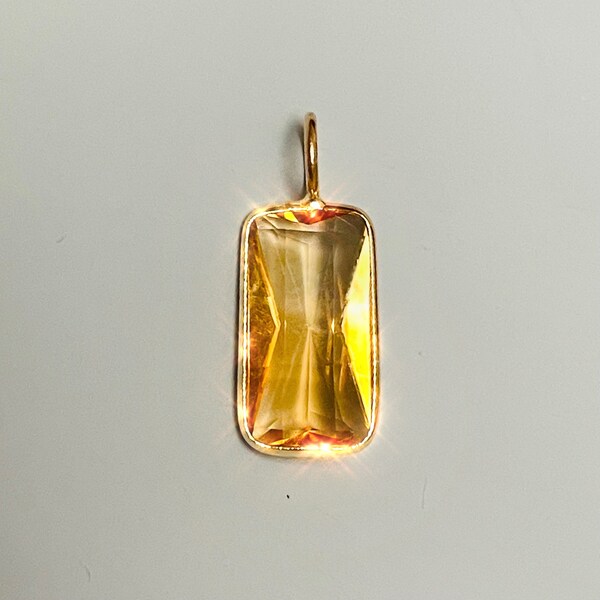 14K Yellow Gold Yellow Emerald Cut Natural Orange Yellow Citrine Elongated Rectangle Charm Pendant