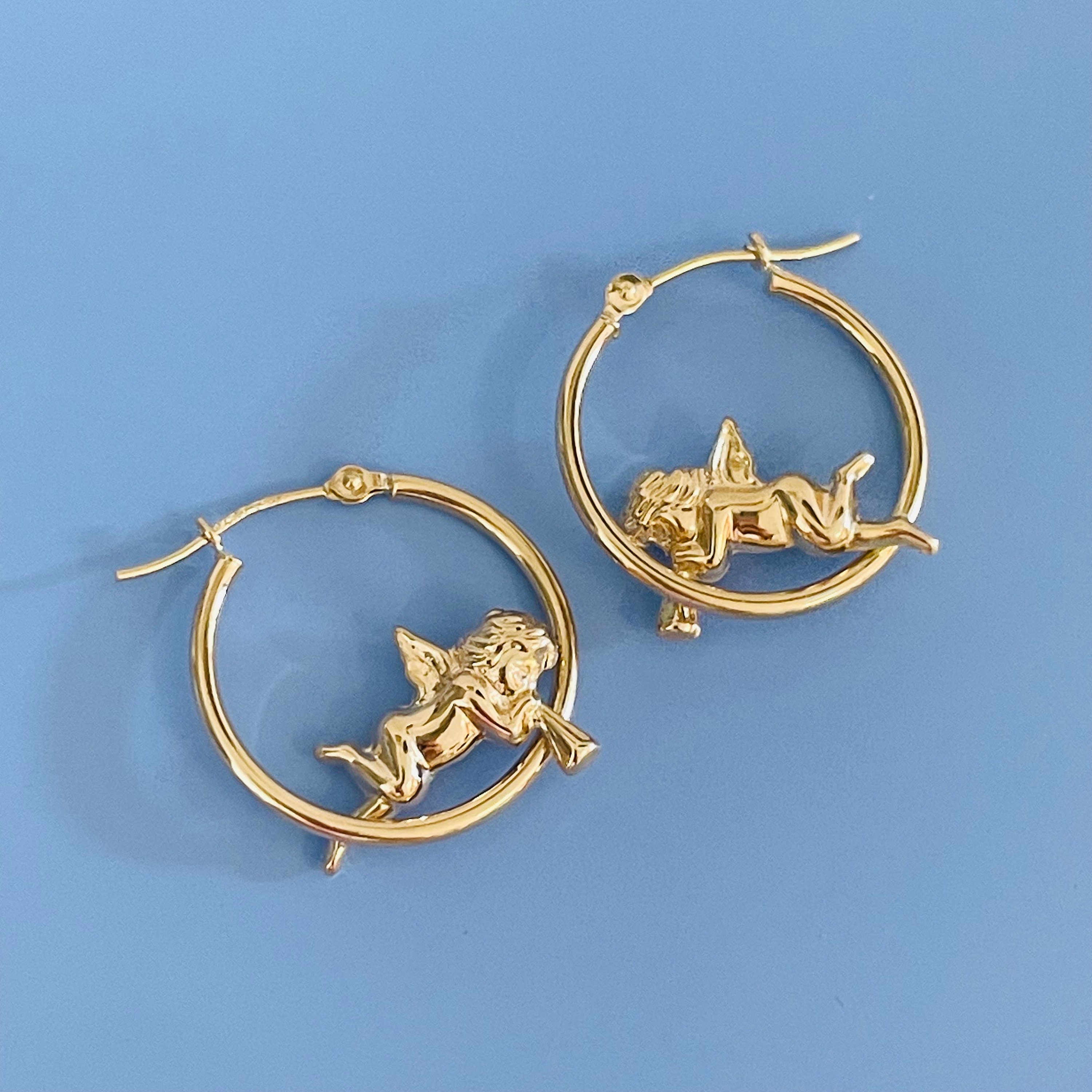 14K Yellow Gold Angel Cherub Hoop Earrings .75 Etsy