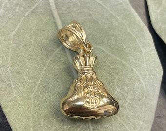 Small Money Bag Sack Charm Pendant in Solid 14K Yellow Gold