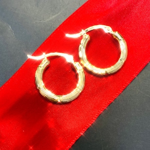 Solid 10K Yellow Gold .75 15mm Wide Bamboo Patterned Thick Hoop Earrings