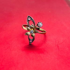 18K Yellow Gold Old Mine cut Diamond Art Nouveau Floral Ring Size 8.5