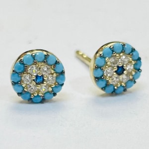7mm Round Solid 10K Yellow Gold Teal And White Crystal Evil Eye Stud Earrings