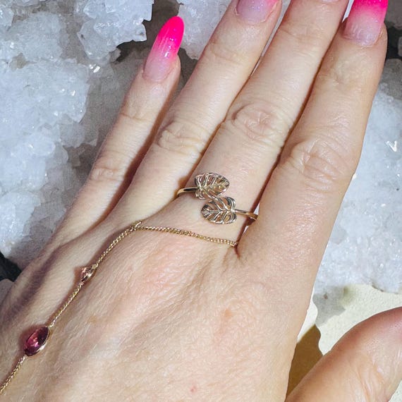 Solid 14K Yellow Gold Monsterra Leaf Wrap Ring Si… - image 4