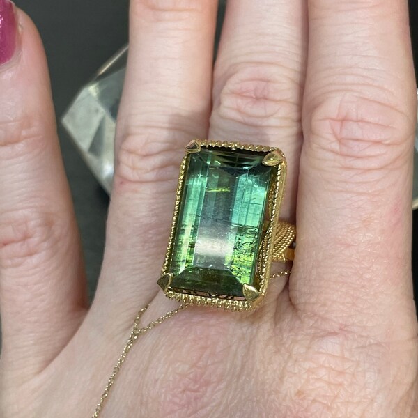 Huge 25CT Green Tourmaline Corletto 18K Yellow Gold Woven Ring Size 7.75