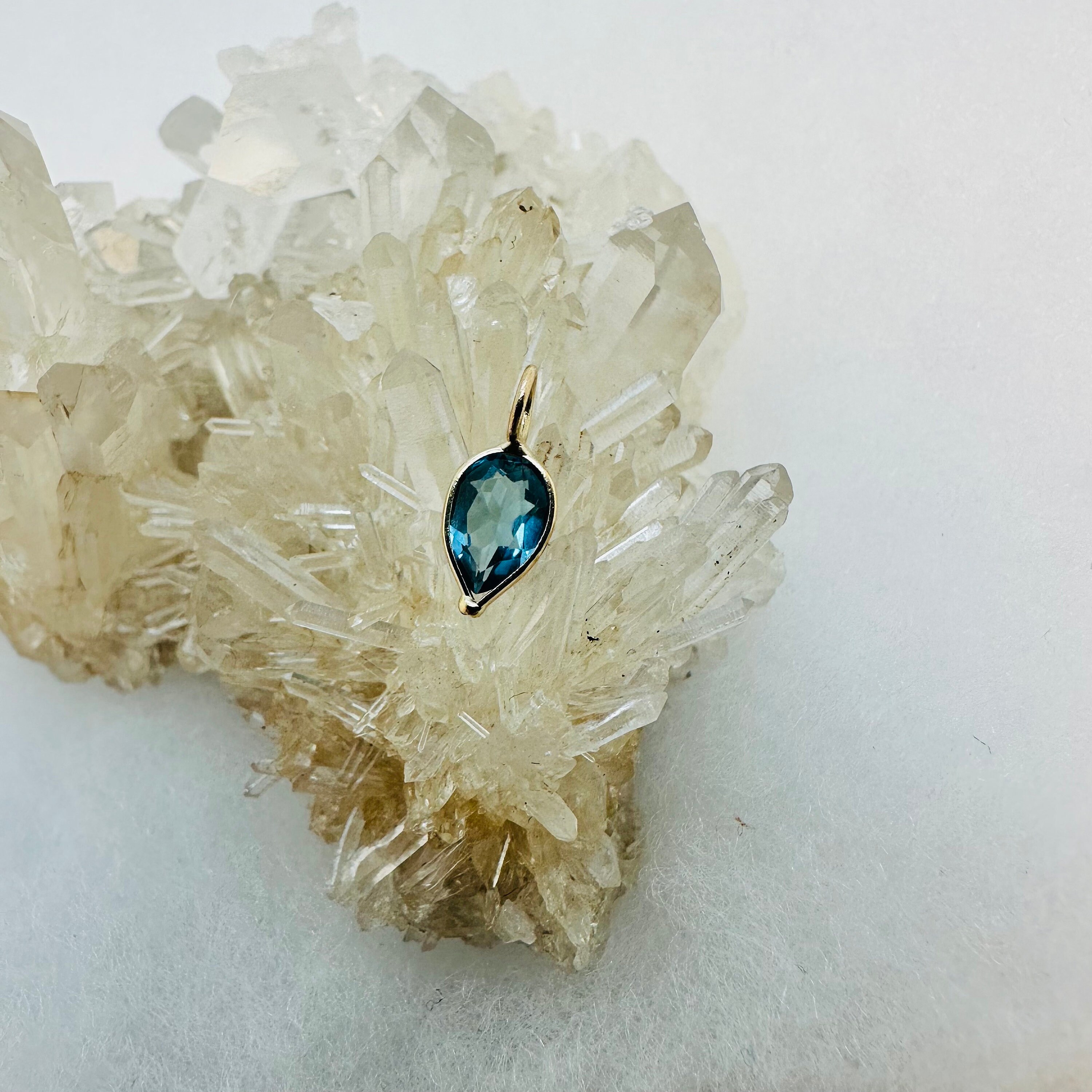 14K Yellow Gold Bezeled Pear Shape Blue Topaz Natural Gem Charm
