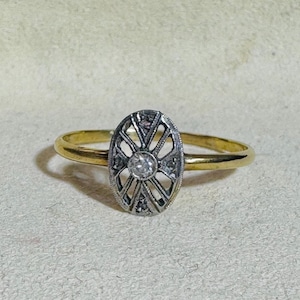Cute Antique Edwardian Diamond Platinum and 18K Yellow Gold Oval Ring Size 7.75