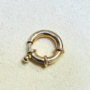Puede incluir: Un cierre de resorte circular en tono dorado con un acabado metálico pulido. El componente de joyería incluye un pequeño pomo que sobresale para accionar el mecanismo de resorte interno, permitiendo que el anillo se abra y cierre con seguridad.