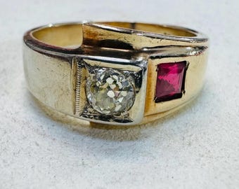 ¡Increíble! Anillo Art Déco para hombre con rubí natural y diamante Old Mine, oro rosa y blanco de 14 quilates, talla 10.5