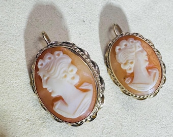 14k Yellow gold Framed Cameo Shell Earrings