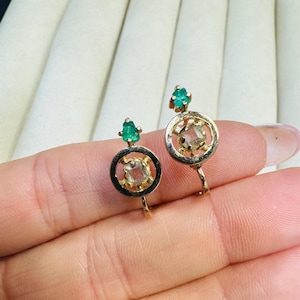 Antique Victorian 18K Yellow Gold Square Rose Cut Diamond and Emerald Leverback Earrings