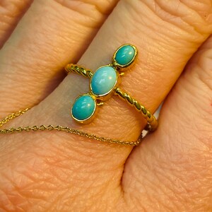 Bague longue navette en or jaune massif 14 carats turquoise de perse, taille 8