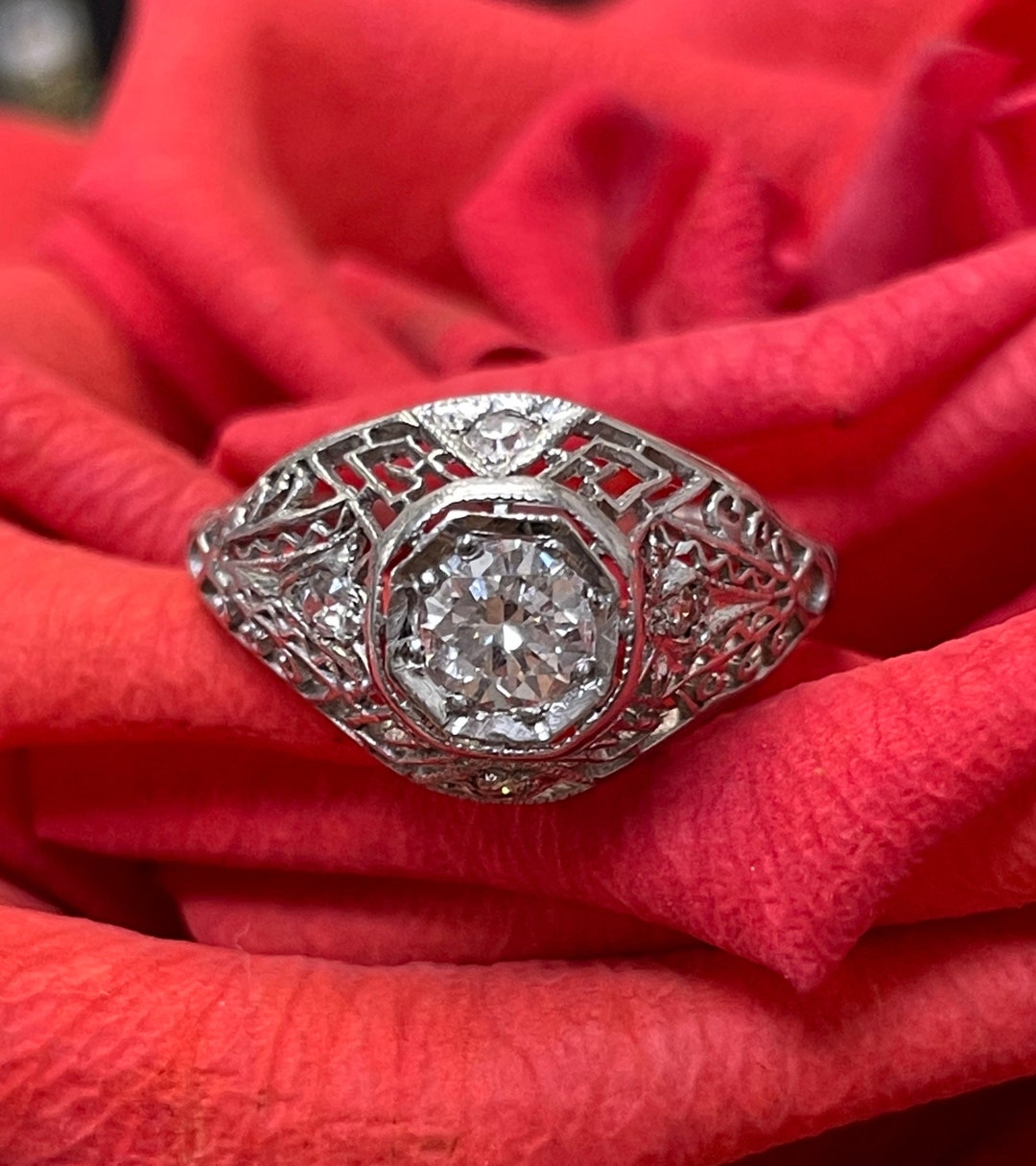 Antique Art Deco Diamond and Platinum Filigree Ring Size 6.75 - Etsy