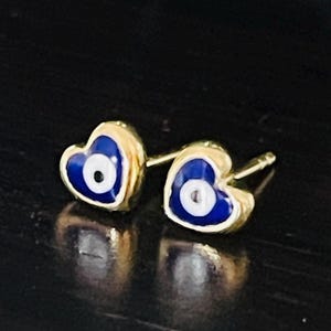 Solid 10K Yellow Gold Blue Heart Evil Eye Stud Earrings