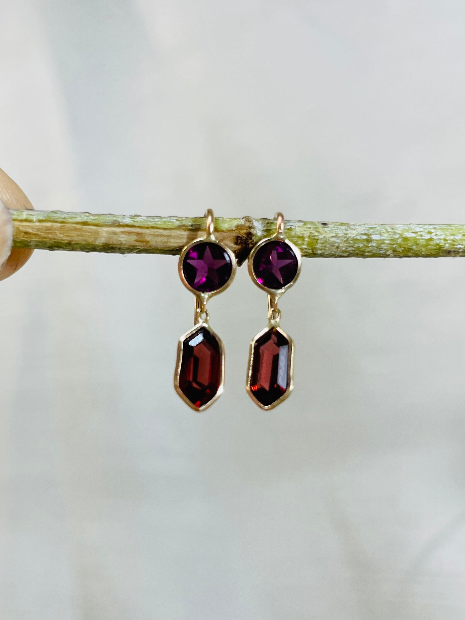 Vivid Rhodolite Purple Star and Red Hexagon Garnet Drop Earrings in ...