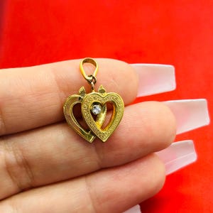 Antique 18K Yellow Gold and Diamond Double Heart Charm Pendent