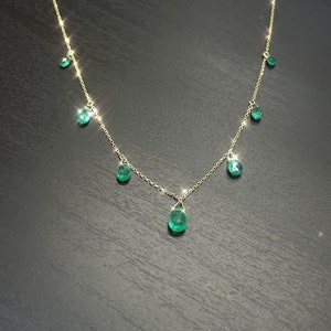 14K Yellow Gold Natural Briolette Colombian Emerald 7 Stone Drop Necklace