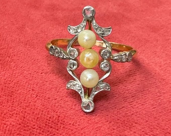 Antique Edwardian Pearl and Diamond Navette Ring Size 18K Gold and Platinum Size 9.5