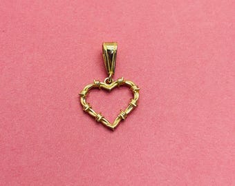 Solid 14K Yellow Gold Heart Spine Barbed Wire Thorn Pendant Charm
