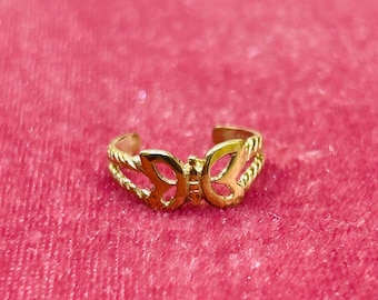 SUPER CARINO! Anello a farfalla in oro giallo 14 carati, regolabile, per mignolo o dito del piede.