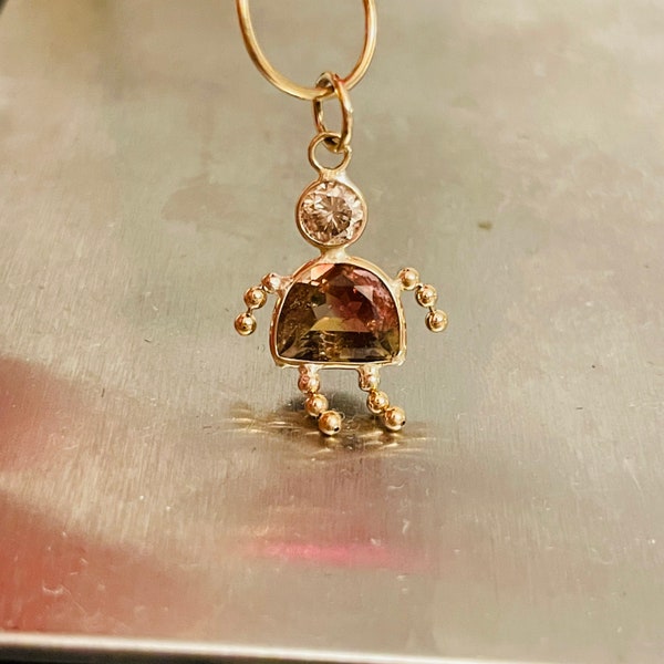 Cutest! 14K Yellow Bicolor Tourmaline and White Diamond Little Girl Gemstone Doll Charm Pendant