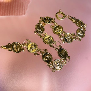 Solid 14K Yellow Gold Round Religious Christian All Saints Medallion Charm Bracelet