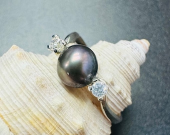 Black Tahitian Peacock Hue Pearl Sterling Silver Ring Size 8