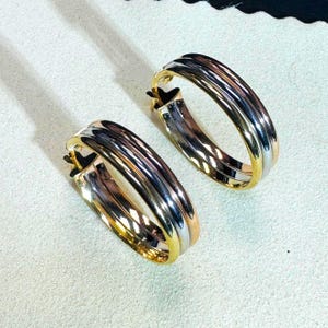 1&quot; 5mm Tri Tone Rose Yellow and White Gold Thick Hoop Earrings