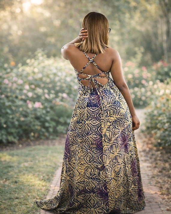 backless african print dress Queen Rayha Halter Tie Strap V-neck High Waist Backless Women's Flare Mini Dress in Brown Red Black and White African Ankara Kente