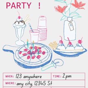 Póster ilustrativo minimalista de fiesta de inauguración de la casa en rosa y azul.