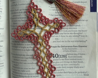 Metallic Tatted Lace Cross Bookmark with Charm