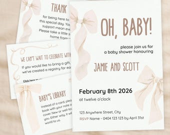 Beige Watercolour Bow Neutral Baby Shower Invitation Template Bundle, Printable 5x7 Invite Set