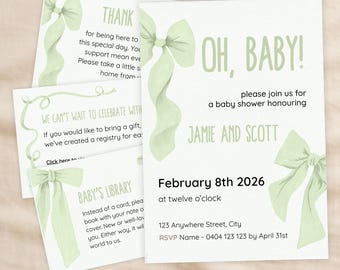 Green Watercolour Bow Neutral Baby Shower Invitation Template Bundle, Printable 5x7 Invite Set