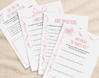 Pink Bows Baby Shower Games Bundle: Wishes for Baby, Predictions, Advice (PDF Download + Editable)