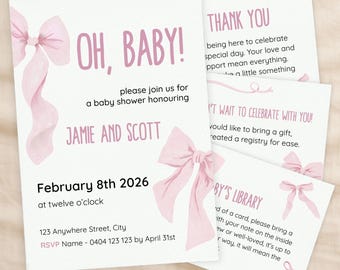 Pink Watercolour Bow Baby Shower Invitation Template Bundle, Printable 5x7 Invite Set