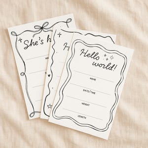 Faire-part de naissance imprimable – 5 x 7 po. Ensemble de modèles pour l'arrivée d'un bébé | Elle est là, il est là, Hello World + lettre souvenir | Tiny Keeps Co