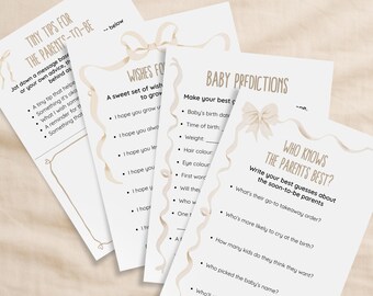 Beige Bows Baby Shower Games Bundle: Wishes for Baby, Predictions, Advice (PDF Download + Editable)