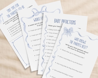 Blue Bows Baby Shower Games Bundle: Wishes for Baby, Predictions, Advice (PDF Download + Editable)