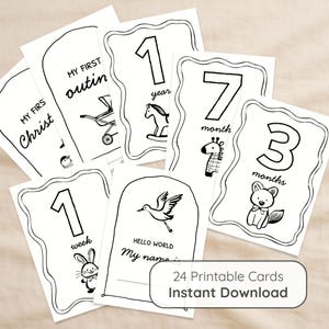 Peut inclure: Ensemble de cartes &eacute;tapes pour b&eacute;b&eacute; en noir et blanc. Chaque carte pr&eacute;sente un chiffre, une illustration d'animal et du texte comme "1 semaine", "7 mois" et "Hello World". Cartes t&eacute;l&eacute;chargeables instantan&eacute;ment.