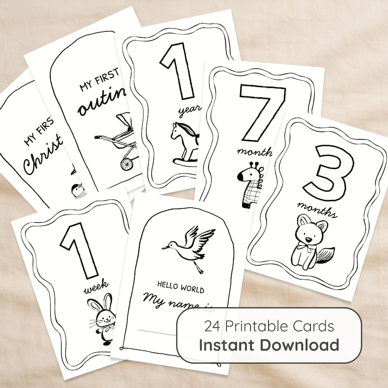 Peut inclure: Ensemble de cartes &eacute;tapes pour b&eacute;b&eacute; en noir et blanc. Chaque carte pr&eacute;sente un chiffre, une illustration d'animal et du texte comme "1 semaine", "7 mois" et "Hello World". Cartes t&eacute;l&eacute;chargeables instantan&eacute;ment.